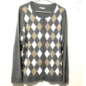 Croft & Barrow Argyle Cardigan Sweater XL Gray Beige White Academia Preppy